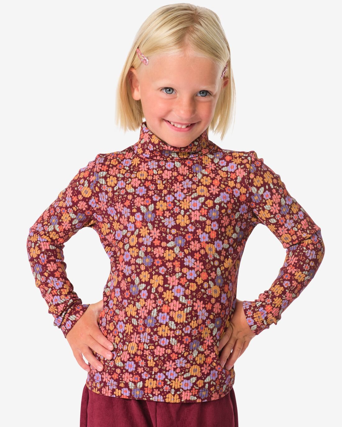HEMA HEMA Kinder T-shirt Rib Bloemen Bordeauxrood (bordeauxrood)