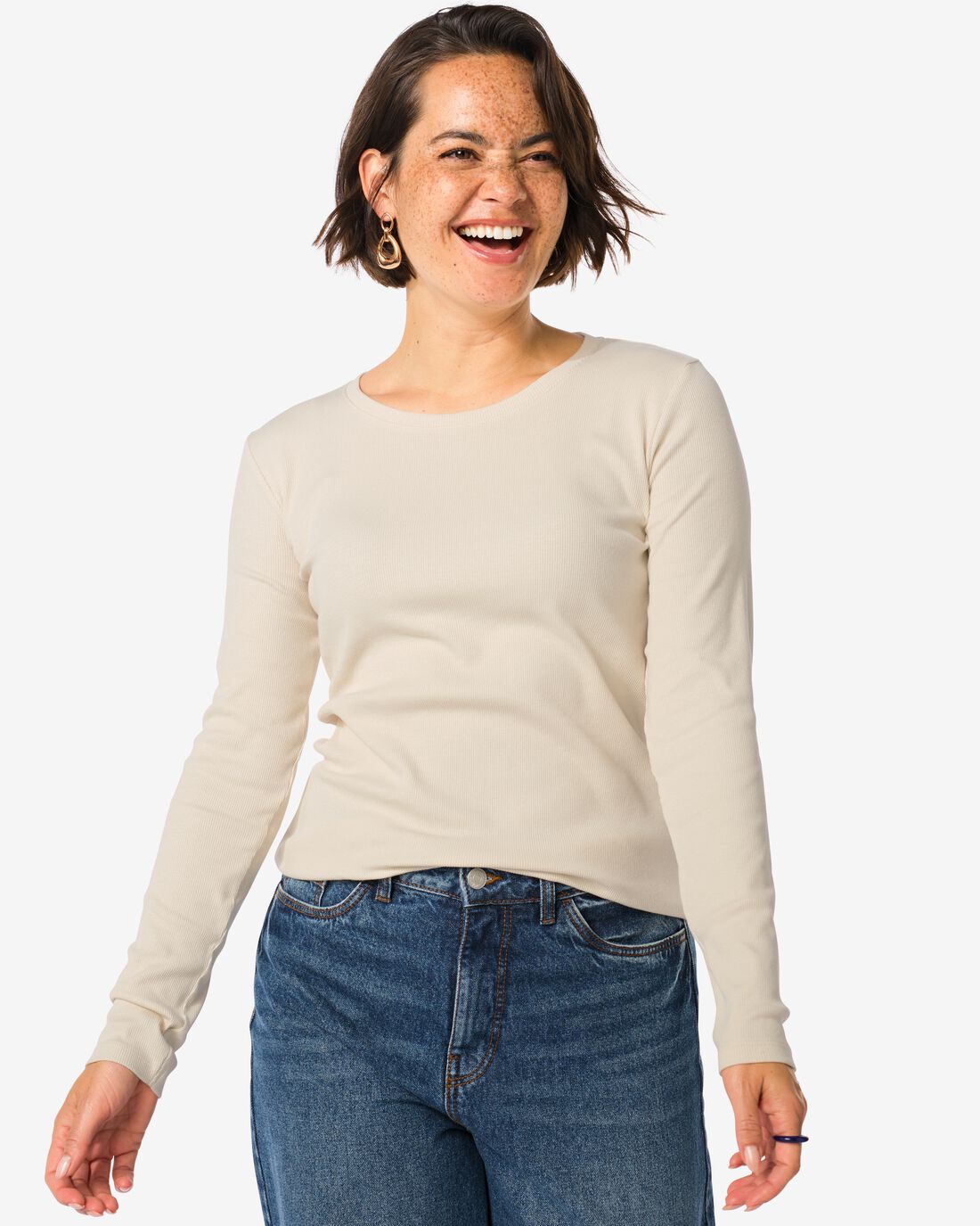 HEMA Dames T-shirt Clara Rib Gebroken Wit (gebroken wit)
