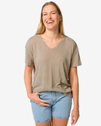 HEMA Dames T-shirt Evie Met Linnen Zand (zand)