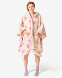 Dames Bankponcho One Size Fleece Met Capuchon En Zakken Hartjes