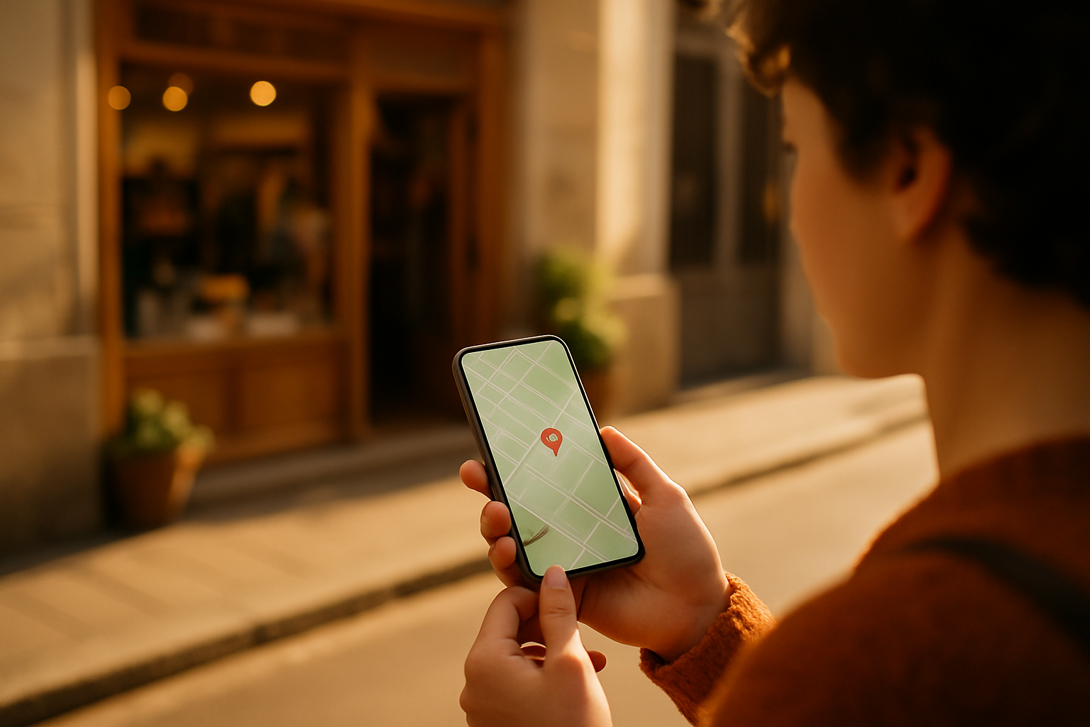 Persoon op een zonnige stadsstraat die op zijn telefoon een winkel in de buurt opzoekt, met een gezellige lokale winkel op de achtergrond.
